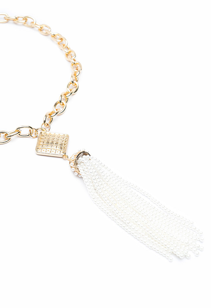 Choice Gold Tone Chain Link Beaded Tassel Choker Offwhite-Gold