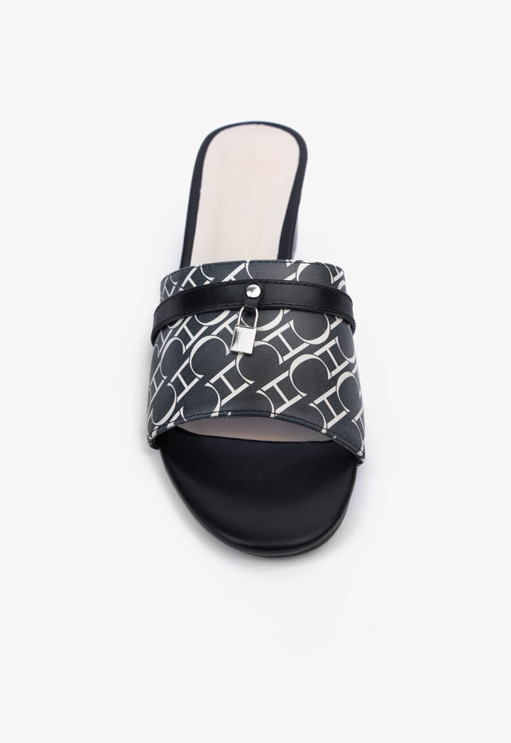 Choice Printed Monogram Tussle Heeled Sandals Black