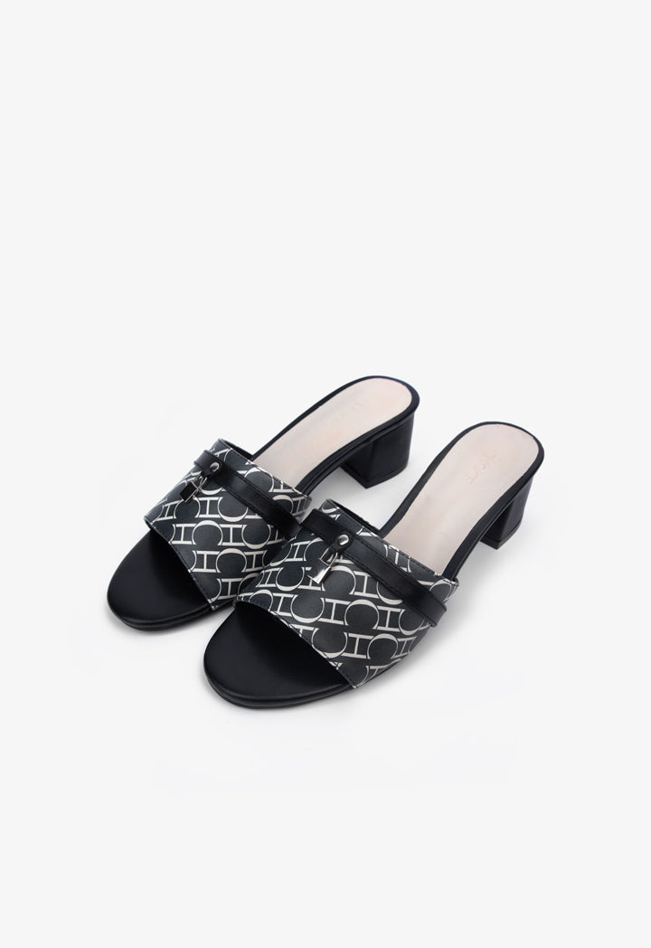 Choice Printed Monogram Tussle Heeled Sandals Black