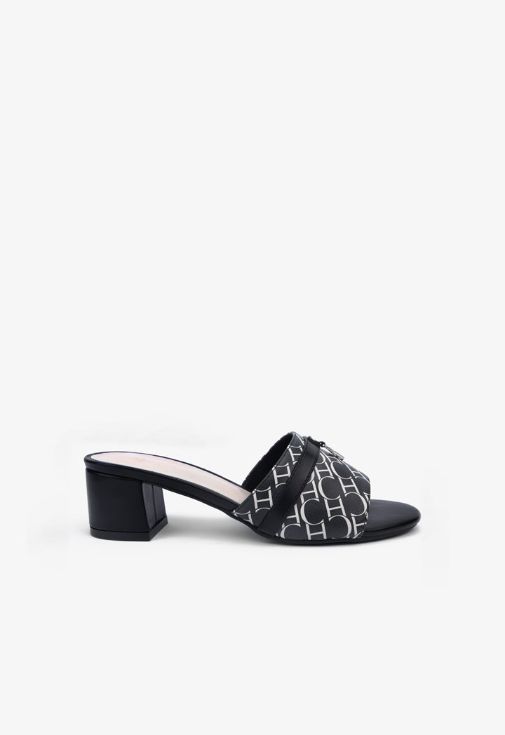 Choice Printed Monogram Tussle Heeled Sandals Black