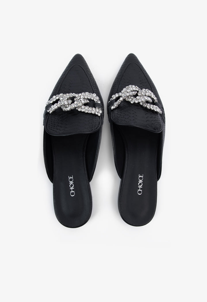 Choice Embellished Snake Textured Leather Mules Black