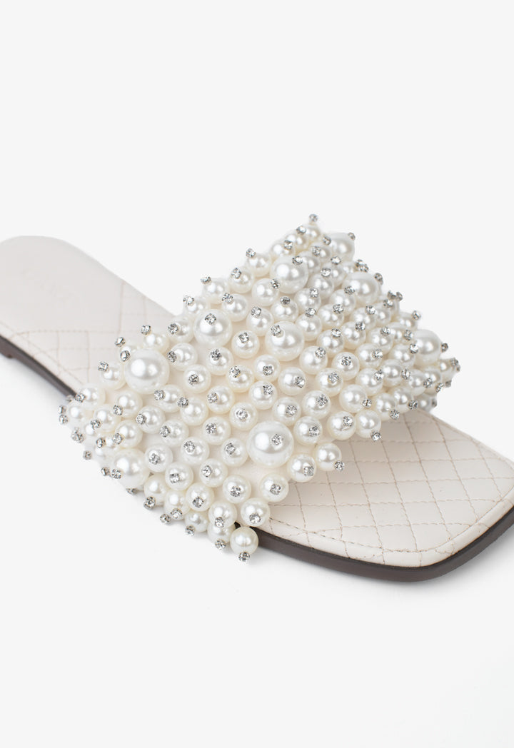 Choice Faux Pearls Wide Strap Flats Beige