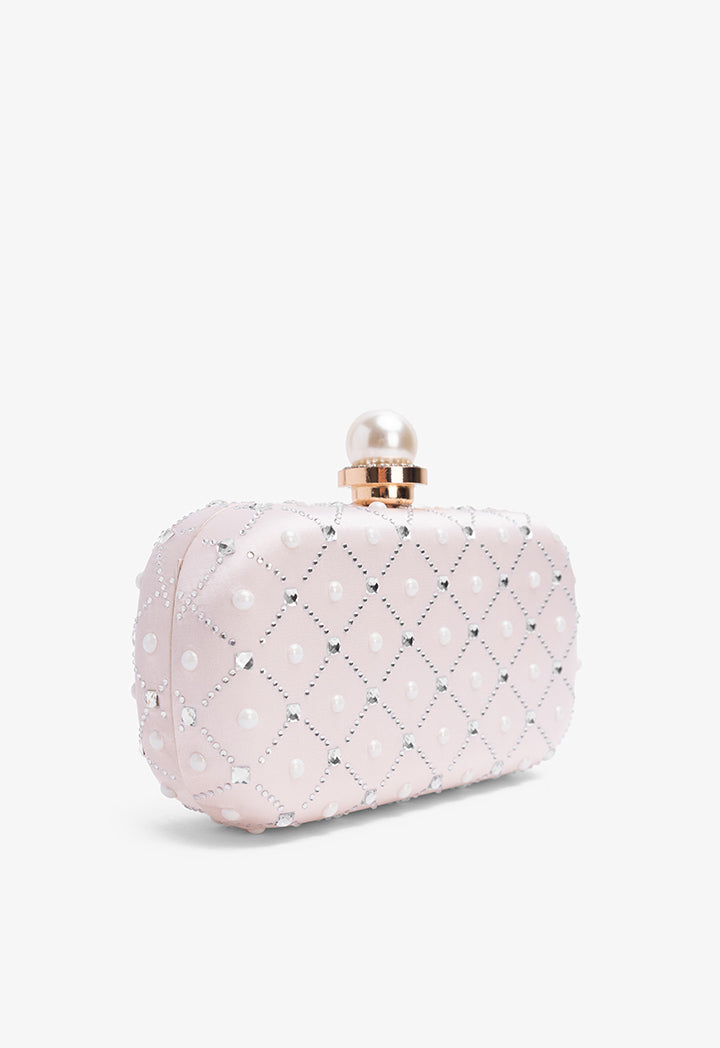 Choice Crystal And Faux Pearls Embellished Clutch Light Pink