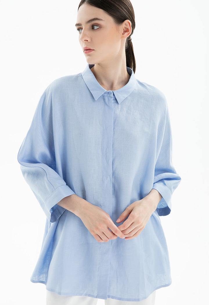 Choice Collared Concealed Buttons Oversized Shirt Blue