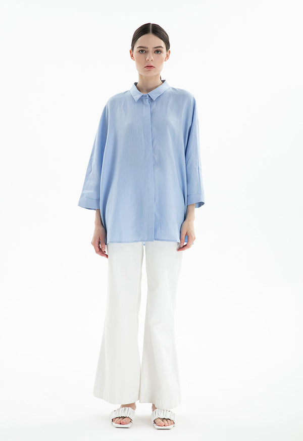 Choice Collared Concealed Buttons Oversized Shirt Blue