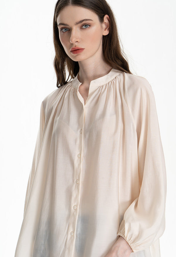 Choice Gathered Solid Basic Blouse Sand