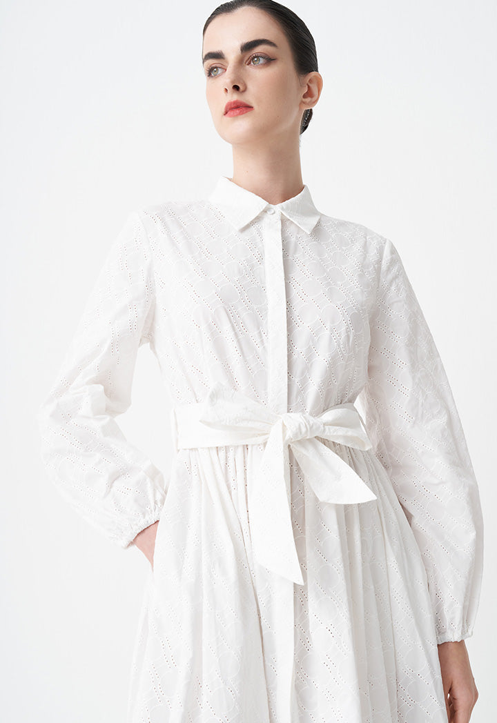 Choice Solid Monogram Belted Shirt Dress Off White