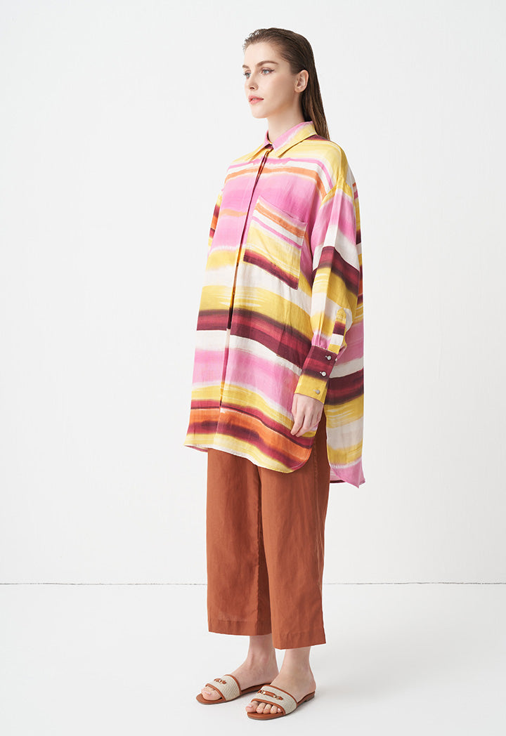 Choice Printed Long Sleeves Belted Shirt  Pink Print