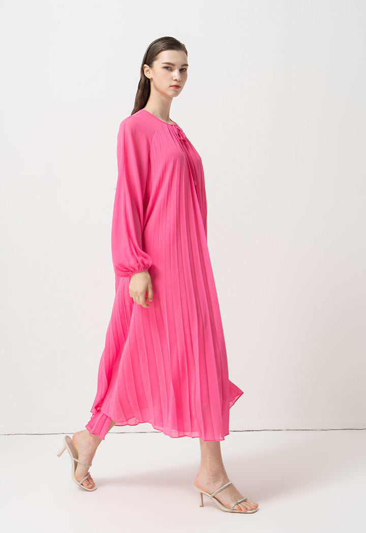 Choice Single Tone Raglan Sleeves Pleated Dress Fuchsia