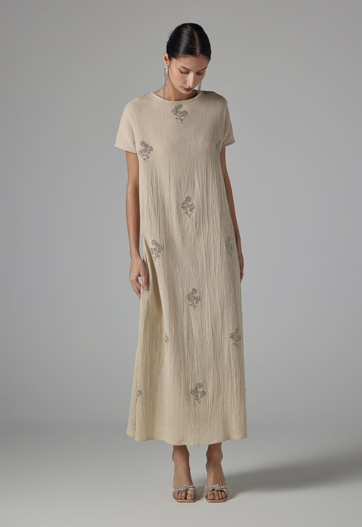 Choice Single Tone Crystal Embellished Maxi Dress - Ramadan Style Beige