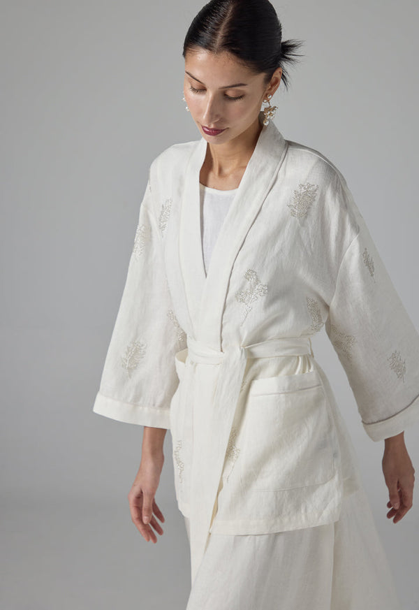 Choice Single Tone Crystal Embellished Belted Jacket - Ramadan Style Off White