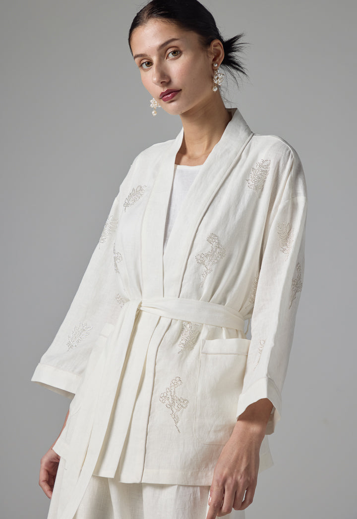 Choice Single Tone Crystal Embellished Belted Jacket - Ramadan Style Off White