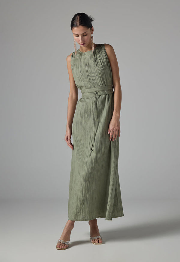 Choice Sleeveless Pleated Basic Belted Dress - Ramadan Style Light Khaki