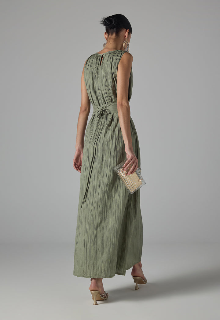 Choice Sleeveless Pleated Basic Belted Dress - Ramadan Style Light Khaki