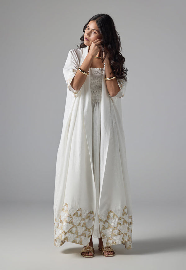 Choice Solid Embroidered Geometric Maxi Abaya - Ramadan Style Off White