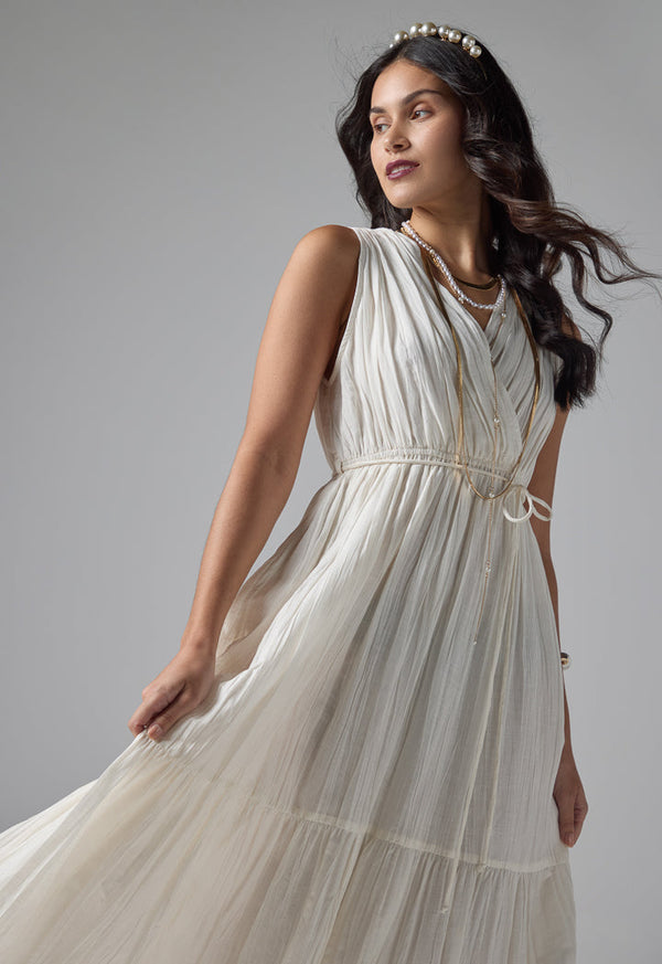 Choice Solid Pleated Sleeveless Dress - Ramadan Style Beige