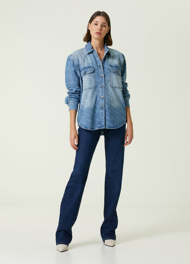 Academia Logo Patterned Denim Shirt Blue