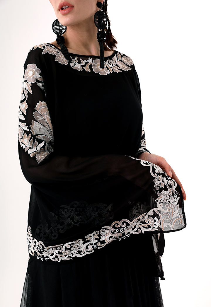 Choice Embroidered Sheer Kaftan Blouse Black - Wardrobe Fashion