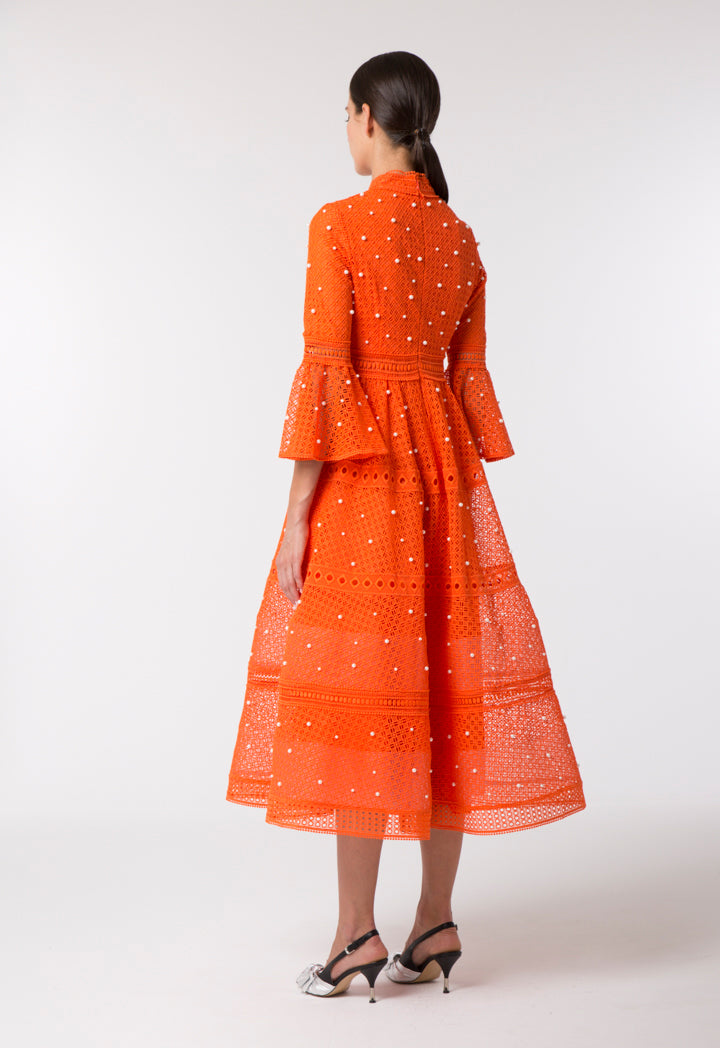 Choice Pearl Studded Schiffli Dress Orange