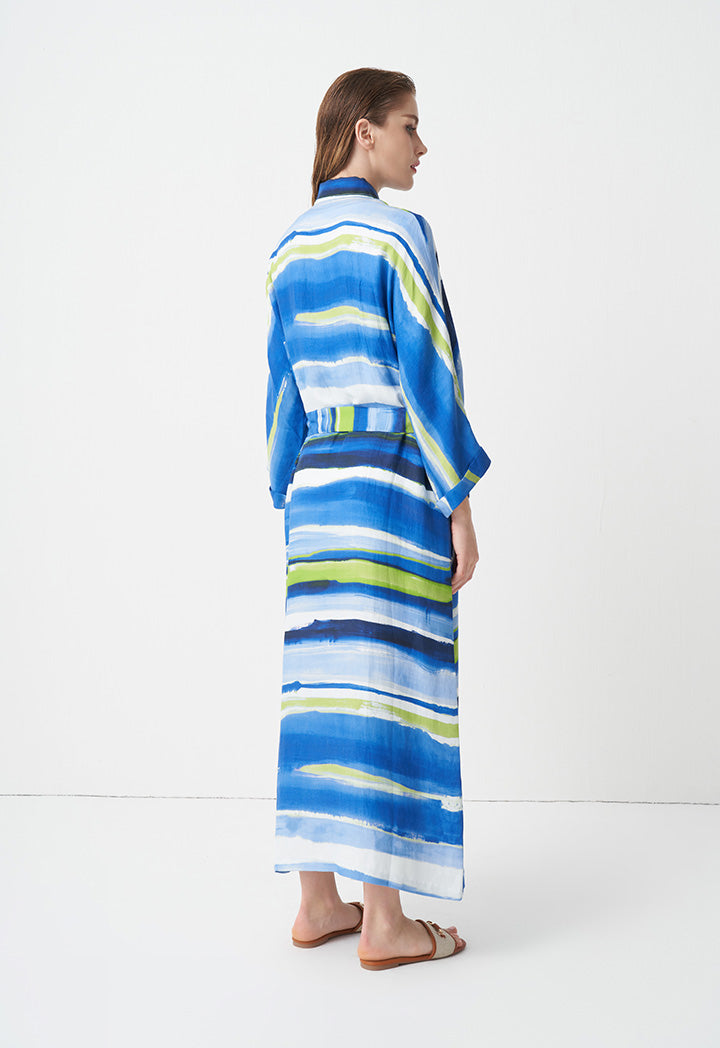 Choice Printed Belted Maxi Shirt Dress  Blue