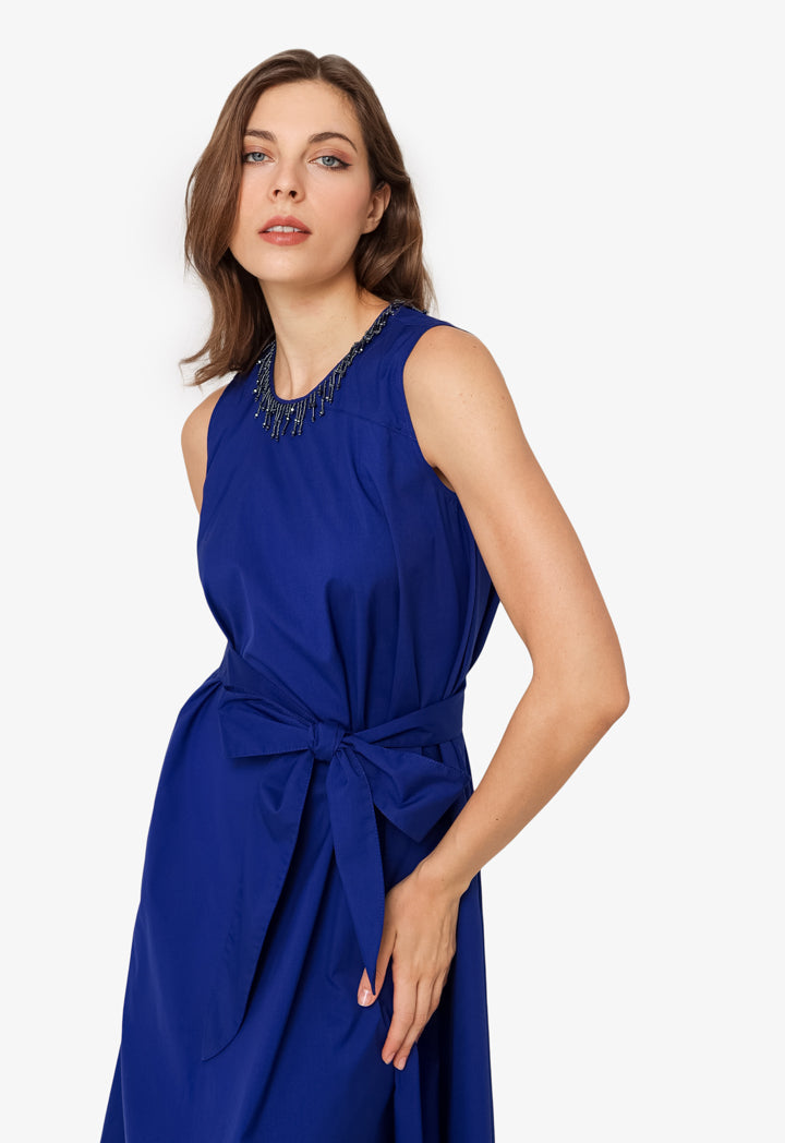 Machka Jewel Neck Belted Dress Navy Blue