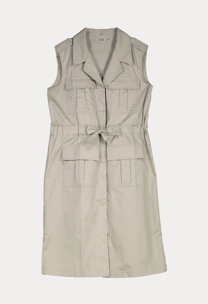 UNQ Sleeveless Four Pocket Tie Waist Midi Shirt Dress BEIGE