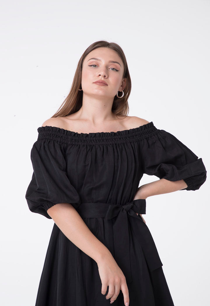 Nocturne Short Sleeve Off Shoulder Belted Layered Hem Short Dress Black