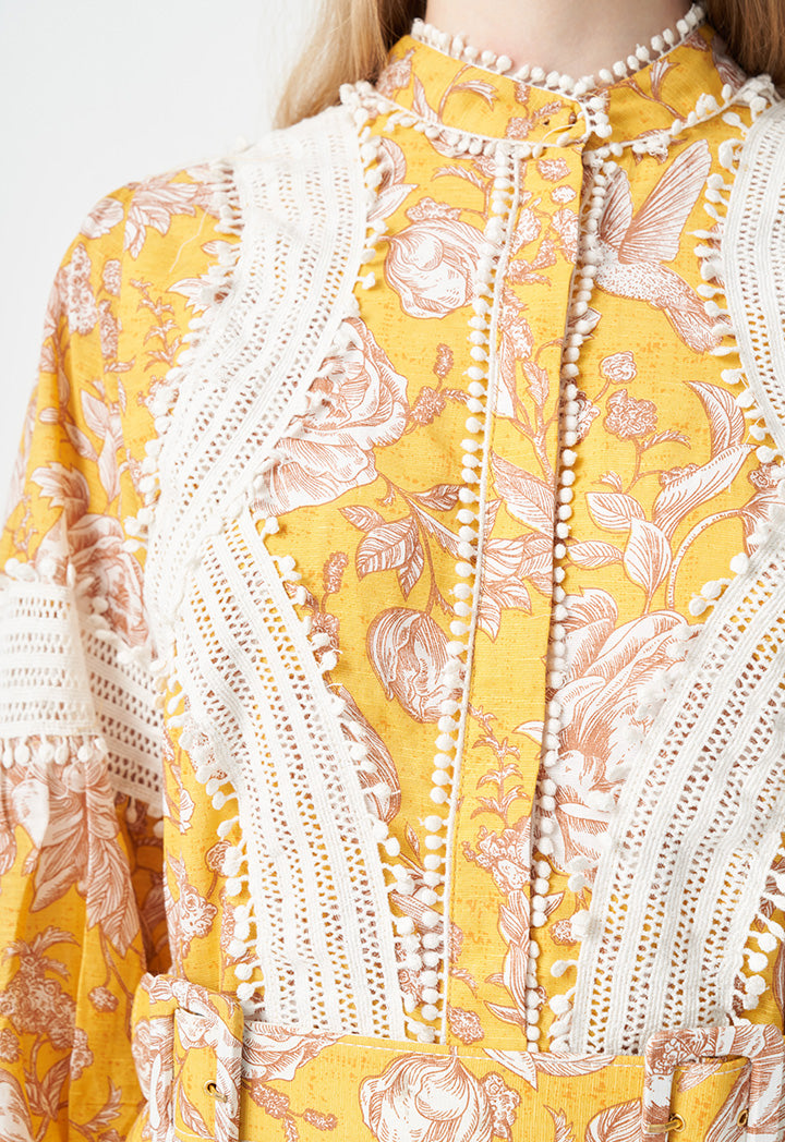 Choice Printed With Embroidered Detail Dress Yellow Print