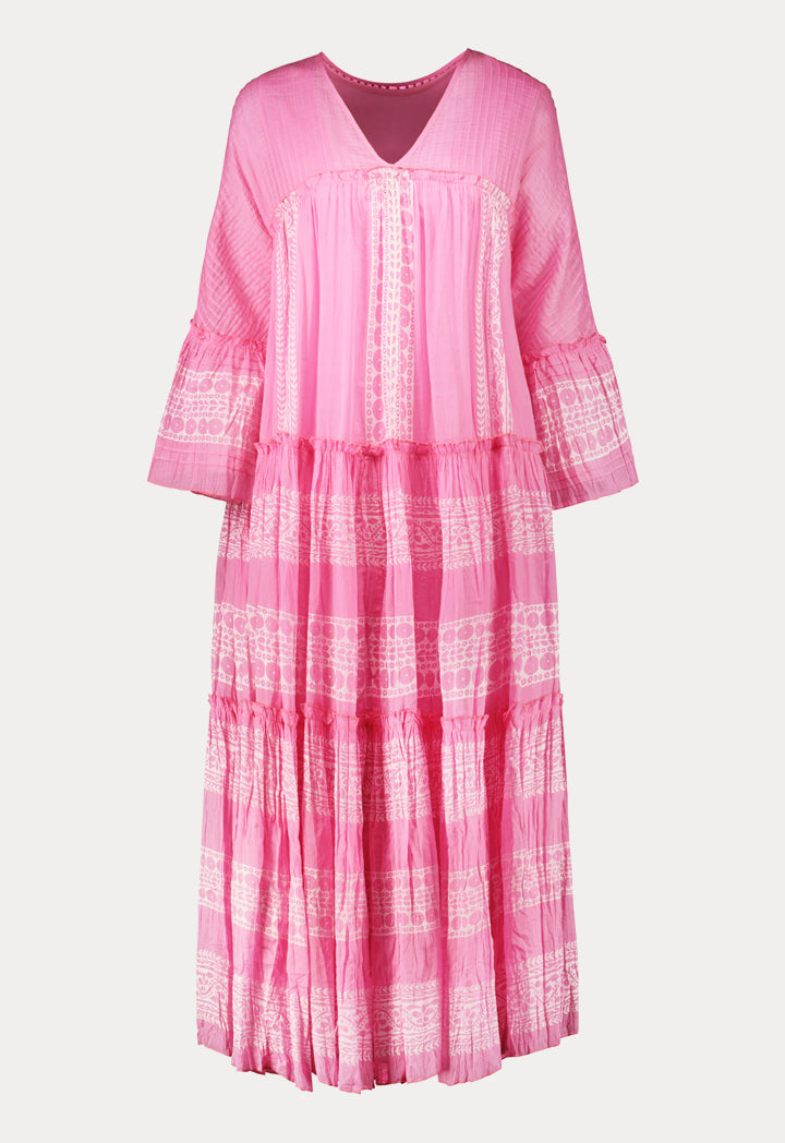 Choice Printed V-Neck Tiered Dress Pink - Wardrobe Fashion