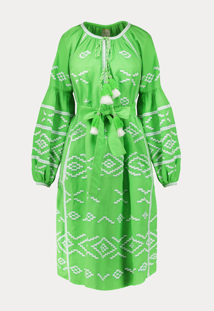 Choice Embroidered Linen Midi Dress Green - Wardrobe Fashion