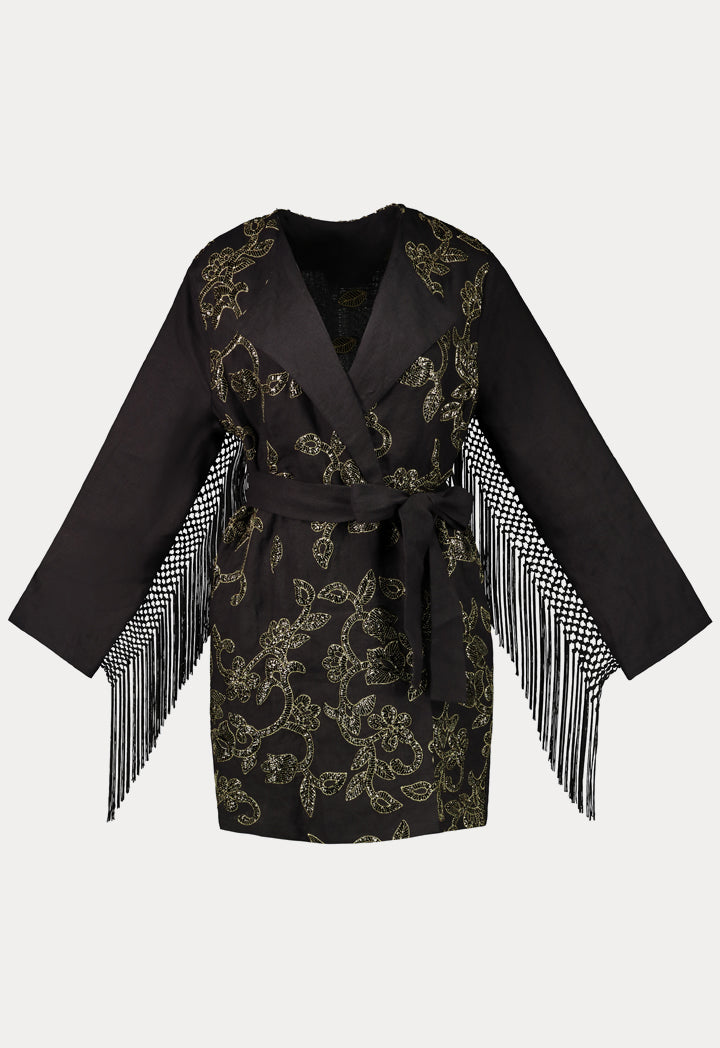 Choice Sequins Embroidery Kimono Jacket Black - Wardrobe Fashion