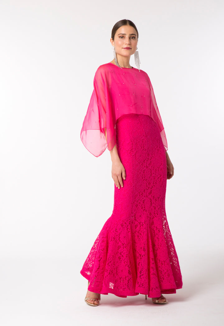 Choice Overlay Chiffon Mermaid Dress Fuchsia