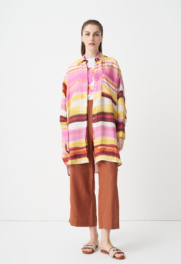 Choice Printed Long Sleeves Belted Shirt  Pink Print