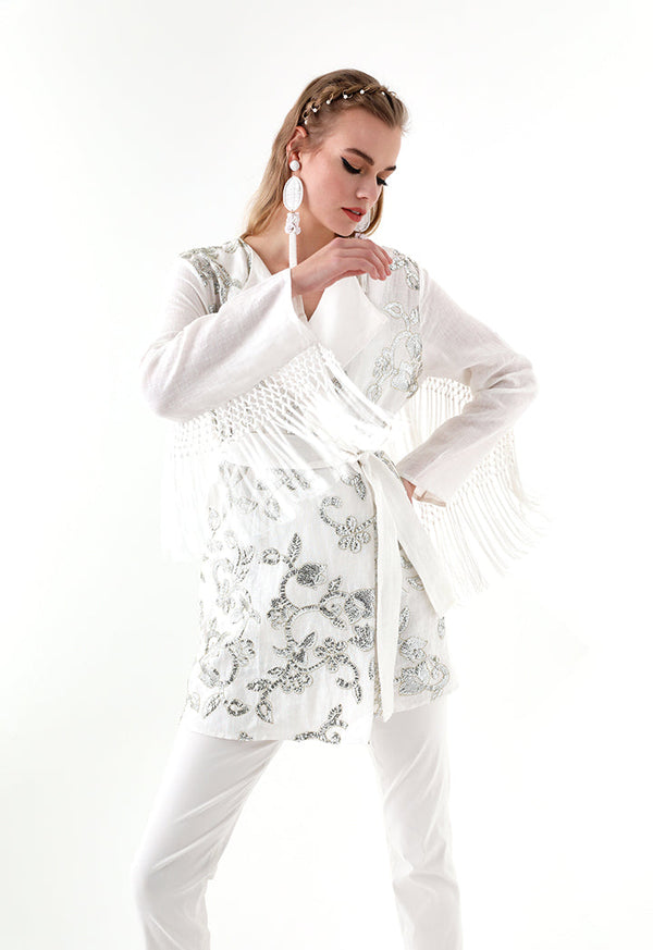 Choice Sequins Embroidery Kimono Jacket White - Wardrobe Fashion