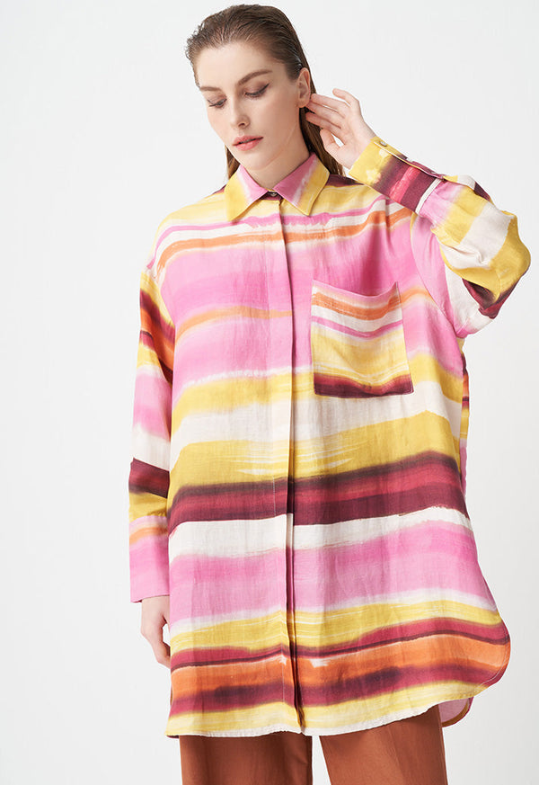 Choice Printed Long Sleeves Belted Shirt  Pink Print