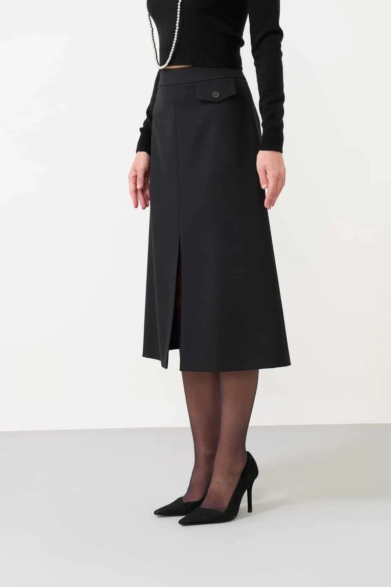 Roman Slit Midi Length Wool Skirt  Black