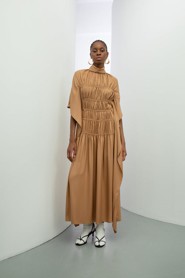 Baqa Detailed Sleeve Shirred Dress Camel