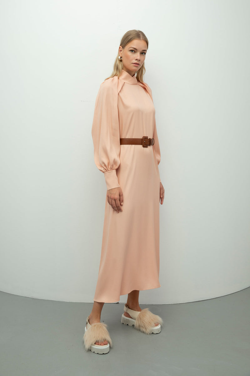 Baqa Collar Detail Belted Dress Powder