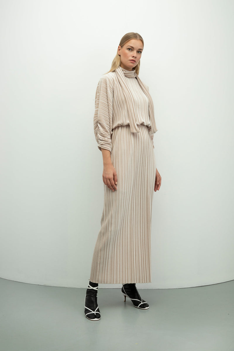 Baqa Pleated Velvet Maxi Dress Beige