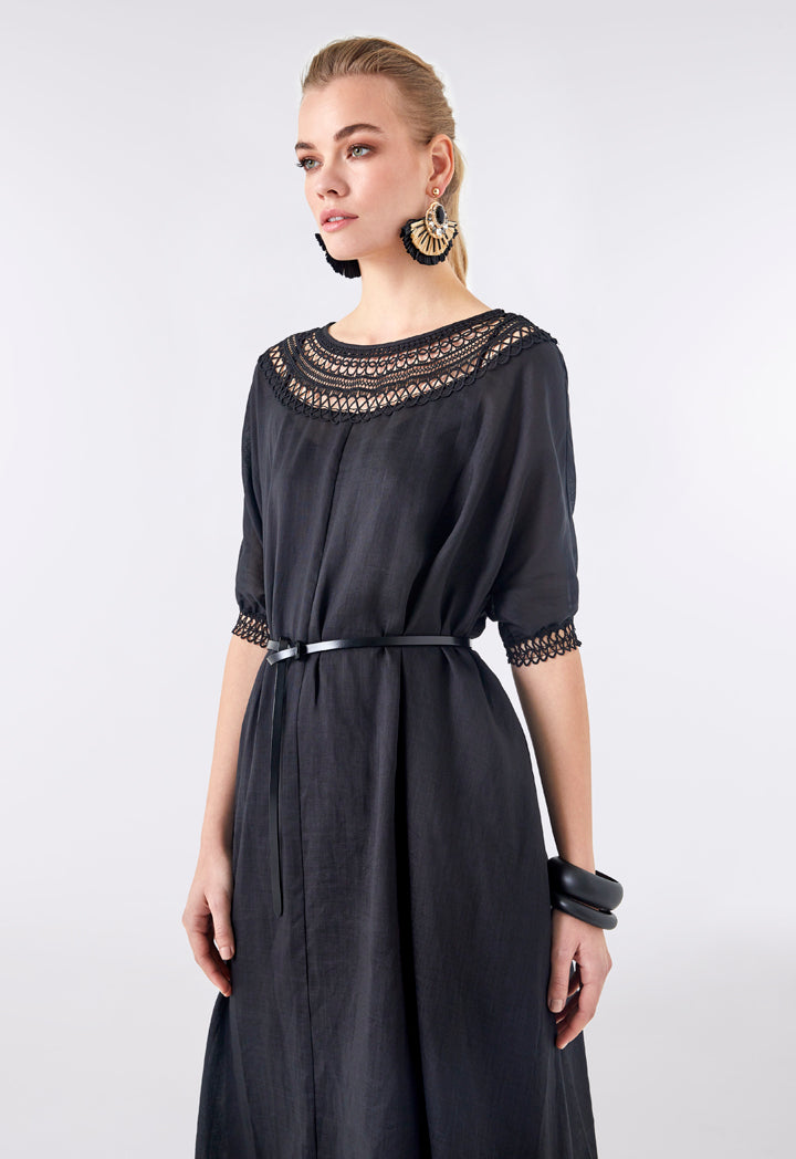 Choice Embroidered Neckline Maxi Dress Black - Wardrobe Fashion