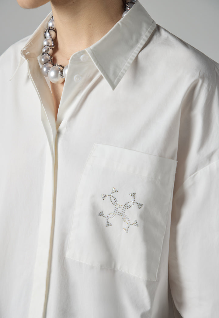 Choice Solid Crystal Embellished Monogram Shirt Off White