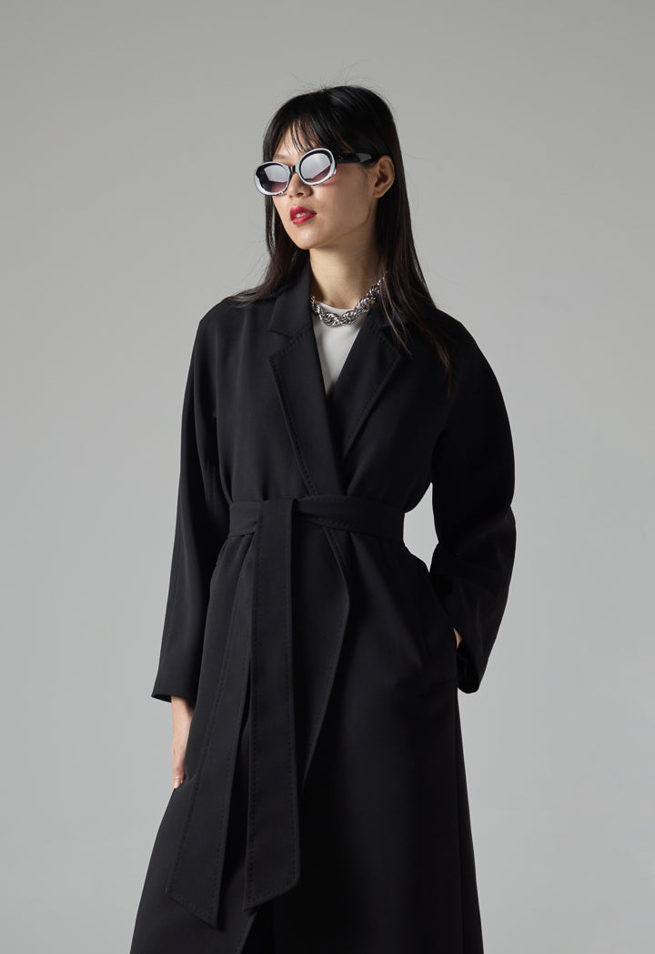 Choice Solid Pleated Belted Trench Coat Black