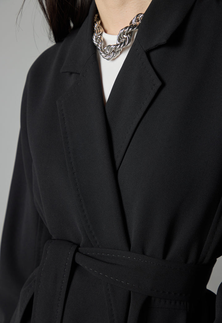 Choice Solid Pleated Belted Trench Coat Black