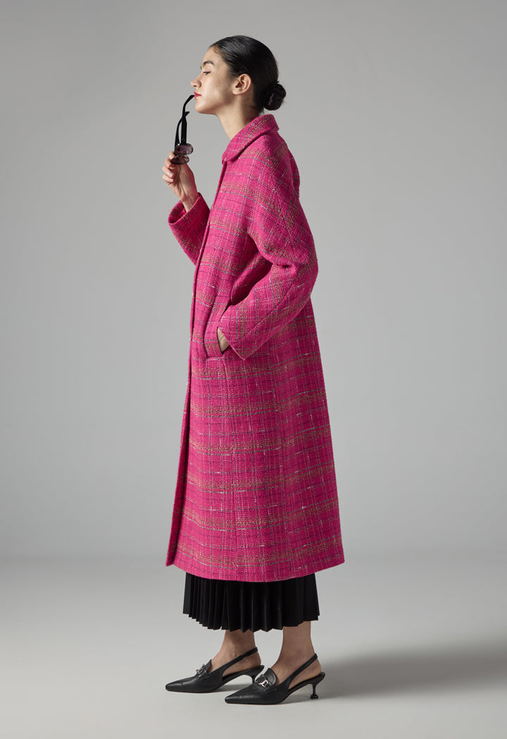 Choice Long Sleeve Tweed Trench Coat Fuchsia