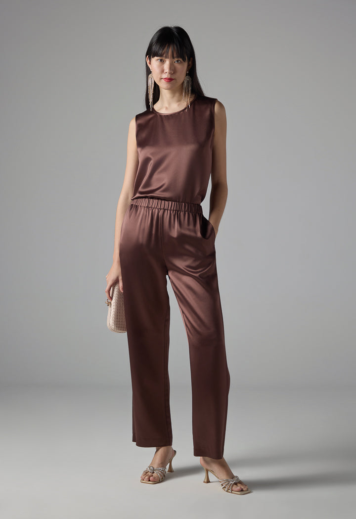 Choice Wide Legs Solid Trousers Brown