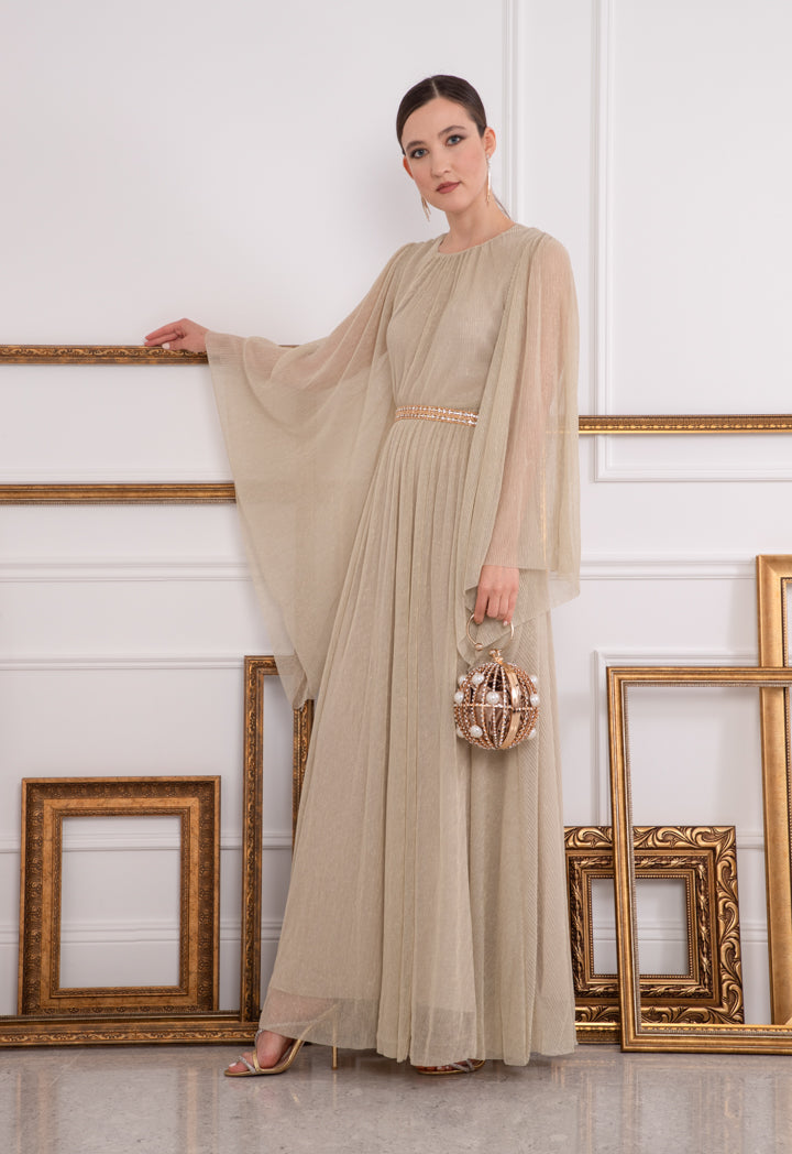 Choice Shirred Waist Angel Sleeve Lurex Maxi Dress Beige