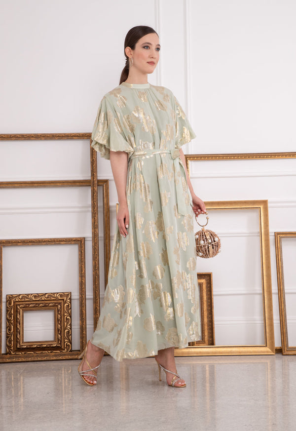 Choice Lurex Jacquard Flounce Sleeve Maxi Dress Green