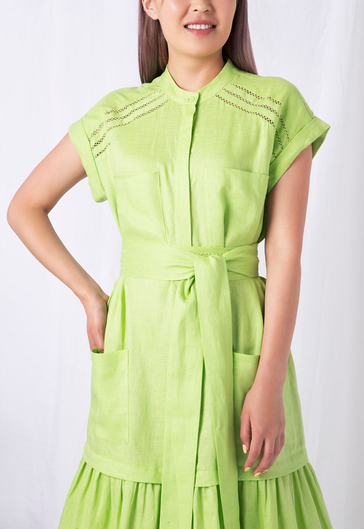 Choice Patch Pocket Ruffle Trim Dress Green - Wardrobe Fashion