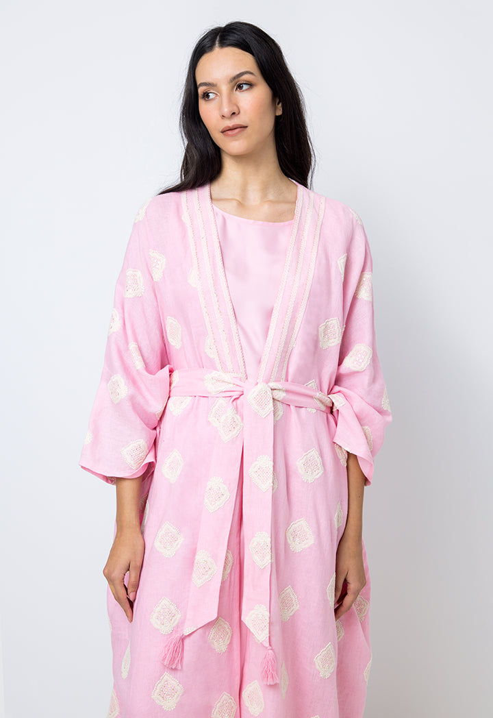 Choice Embroidered Sequins Kimono Sleeves Abaya Pink