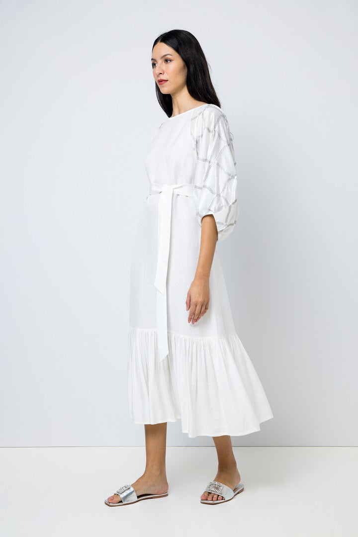 Choice Three Quarter Raglan Sleeves Belted Dress Offwhite